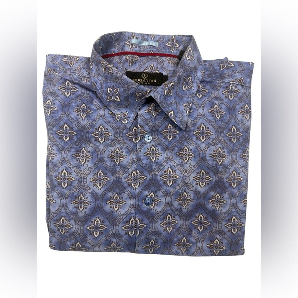 Bugatchi Men's Shirt with Blue and White Geometric Design